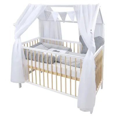 Produktbild von Baby-Delux Hausbett Kinderbett Gitterbett Weiß Natur 60x120 Beißschienen Schutzgitter Matratze Bett Set Loving Bears