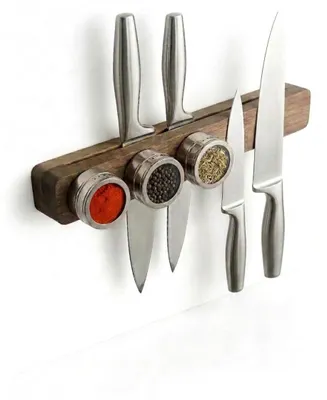 Magnetische Messerleiste 41 cm aus Akazienholz mit 3 Gewürzdosen