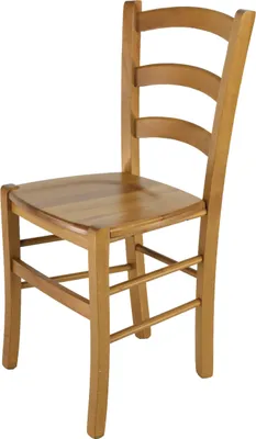 A wooden chair with a ladder back design.