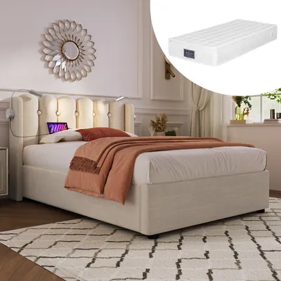 Image de Sweiko Lit rembourré Lit simple avec lumière de lecture et fonction de chargement Tête de lit espace de rangement Cadre de lit en lin Lit pour adolescents 90x200,Naturel(Avec matelas)