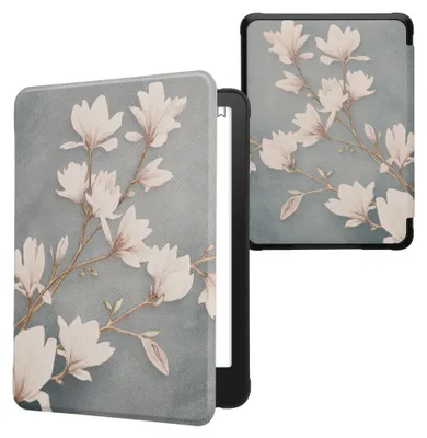 Produktbild von kwmobile Schutzhülle für Amazon Kindle Paperwhite (2024)/Colorsoft Hülle - eReader Flip Case mit Auto Sleep Funktion - Magnolien mit Taupe Weiß