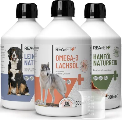 Produktbild von REAVET Futteröl für Hunde, 3×500 ml – BARF Öl Set mit Lachsöl, Leinöl & Hanfsamenöl I Kaltgepresst & ohne Zusätze I Natürliches Futteröl & BARF Zusatz, reich an Omega-3 & Omega-6