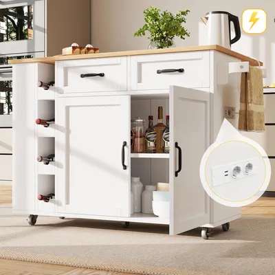 Produktbild von Kücheninsel auf Rollen Weiß mit Holzmaserung – Küchenwagen mit Steckdosenleiste & Weinregal, abnehmbarer Servierwagen, Küchenschrank & Buffetschrank