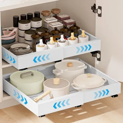 Produktbild von 2 Stück Teleskopschublade, Ausziehbare Schublade Küche Erweiterbar Ausziehbare Schubladen Küchenschrank Organizer Küche Ausziehbar Schrank Organizer Kein Bohren Expandierbare Breite 32-52cm (Weiß)