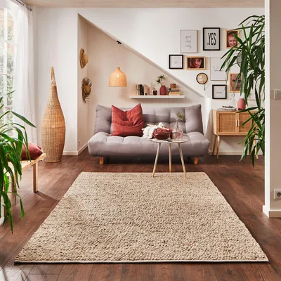 Produktbild von Steffensmeier Handwebteppich Rotach | Wolle (Schurwolle) gewalkt, Natur Dunkel, handgewebt, Größe: 250x340 cm Wohnzimmer und Schlafzimmer