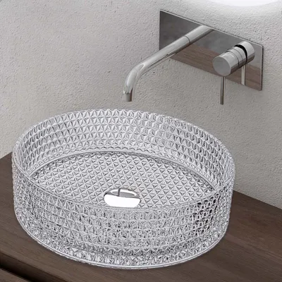 Produktbild von doporro Aufsatzwaschbecken Glas Transparent Minerva07 39x39x12cm, widerstandsfähig, hochtemperaturgebrannt, abgerundete Kanten, DIN-Anschlüsse