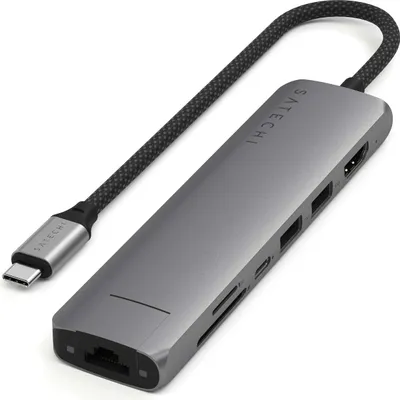 A Satechi 7-in-1 USB-C Slim Multiport Adapter with Ethernet in Space Grey is shown on a white background.