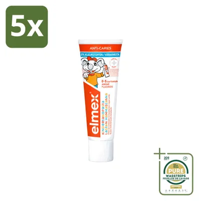 Obrázok produktu pre 5 x Zubná pasta Elmex pre deti, ochrana proti zubnému kazu, 0% farbív, 75 ml - balenie s 5 kusmi