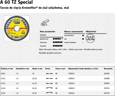Zdjęcie produktu dla KLINGSPOR tarcza tnąca A 60 TZ Special Ø 115 x 1 mm prosta - 202400
