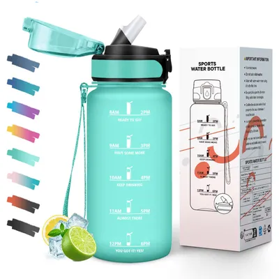 Produktbild von Trinkflasche 500ml mit Strohhalm, auslaufsicher, Motivationsskala, Wasserflasche