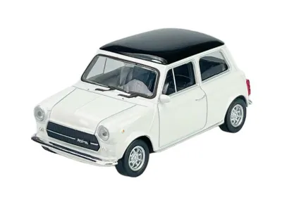 Image de Welly, Mini Cooper 1300, couleur blanche, modèle réduit en métal, échelle 1:43, neuf dans sa boîte. Référence : 44017