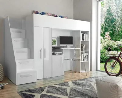 Produktbild von Abiks Hochbett PARIS 4, weiß hochglanz, mit Schreibtisch, Schrank, Regal & Treppe mit Staufächern. Maße: B247xH165xT120 cm, Liegefläche 200x90 cm, Belastbarkeit 80 kg. Laminierte Spanplatte.