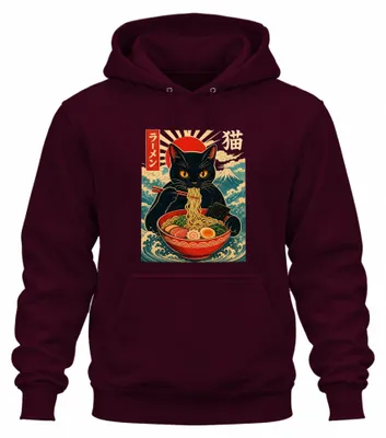 Productafbeelding van Zwarte kat ramen, Japanse anime, manga, kawaii, Y2K, trui met noedelsprint, hoodie, bordeauxrood, maat S