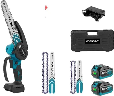 Obrázek produktu pro Elektrická řetězová pila, 18V bezkartáčový motor, výkon 500 W, 6 a 8palcové řetězy, 2 baterie