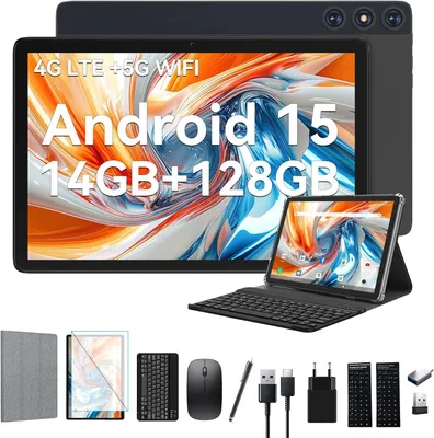Image de Tablette Android 14 la plus récente, écran de 10 pouces, tablettes 4G LTE avec 2 emplacements SIM et 1 emplacement pour carte SD, tablette PC 5G Wifi avec 14 Go de RAM et 128 Go de stockage (1 To), tablette 3-en-1 avec clavier et souris