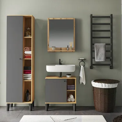 Produktbild von Badmöbel-Set 3-teilig mit Waschbeckenunterschrank 60 cm in Eiche mit grau OLEAN-61