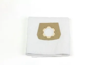 A white vacuum cleaner bag with a brown cardboard attachment is shown against a white background.