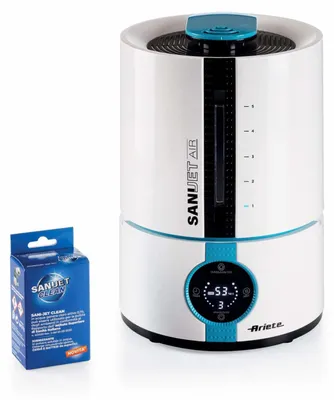 A white and blue humidifier with a digital display and a box of cleaning solution next to it.