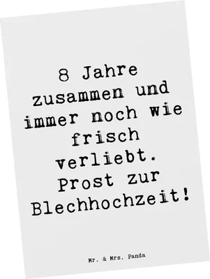 Produktbild von Mr. & Mrs. Panda Postkarte Spruch 8. Hochzeitstag Blechhochzeit - Weiß - Geschenk, Heiraten, feiern, Sprüche, Jubiläum, Geschenke, Postkarten, Grußkarte, Fotokarte, Liebe