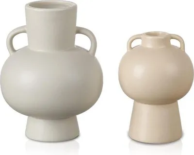 Produktbild von Unyqoos® 2er-Set Steingut-Vasen, hellgrau/beige – moderne Tischvasen mit Henkel für Pampasgras & Trockenblumen, glasiert, H 18 cm + 14 cm