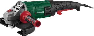 A studio shot of a green and black angle grinder on a white background.