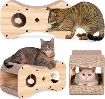 Image de Griffoir en carton pour chat avec maison, lit et pompons suspendus Petsi