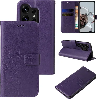 Produktbild von Handyhülle für Samsung Galaxy S26 Ultra Floral Blumen Schmetterling Flip Cover Hülle Case Klapphülle Handytasche Farbe: Violett