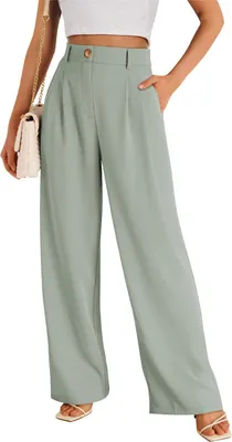 Image de ASKSA Pantalon de costume pour femme, élégant, taille haute, pantalon palazzo, couleur unie, avec poches, vert clair, taille : S
