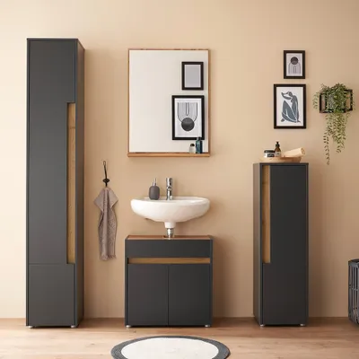 Produktbild von Badmöbel Set 4-teilig mit Waschtischunterschrank 60cm, in Anthrazit mit Eiche - CRISP-61