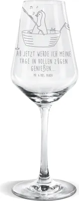 Produktbild von Mr. & Mrs. Panda Weinglas Pinguin Angelboot - Transparent - Geschenk, Boot, Weißweinkelch, wein glas, Optimistisch, Angeln, Für Weißwein, Pinguine, Genießen