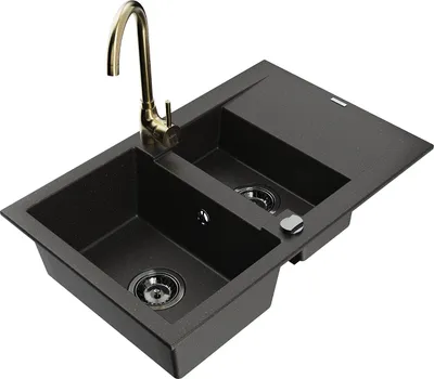 Image de Mexen Gaspar évier en granit 1,5 bac avec égouttoir et mitigeur Telma, Noir/Or - 6507-75-670200-50-B