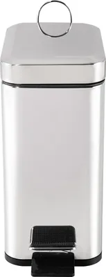 A product shot of a silver pedal trash can.