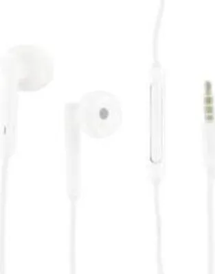 A close-up studio shot of white earphones.