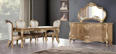 Produktbild von Esszimmer Esstisch Stuhl Gruppe Garnitur Set Holz Tisch Kommode Spiegel Set 7tlg