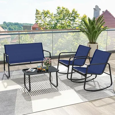 Immagine prodotto di 4 TLG. Set da salotto per mobili da giardino, set da salotto per giardino con tavolino e panca da giardino e 2 sedie a dondolo, con dolce movimento a dondolo, blu