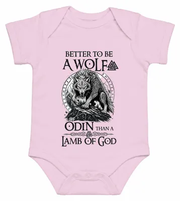 Imagen del producto de Mejor ser un lobo de Odín que un cordero de Dios. Body para bebé, diseño de runas vikingas, color rosa, talla 3/6 meses