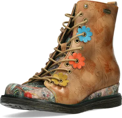 Produktbild von Laura Vita Damen Stiefelette Leder Blütenapplikation Keilabsatz Ercnaulto 212, Größe:38 EU, Farbe:Beige