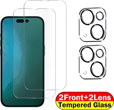 Zdjęcie produktu dla Ochraniacz ekranu iPhone 11 12 13 14 Mini Pro Max + szkło ochronne aparatu 9H, Do telefonu komórkowego: Apple iPhone 15 Plus, Ilość: 2 x szkło + 2 x aparat