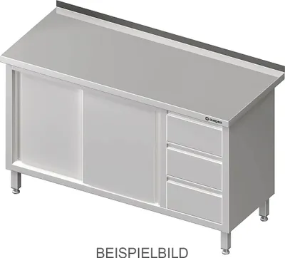 Produktbild von Arbeitsschrank mit Schiebetüren, 1300x700x850 mm, mit 3er Schubladenblock links, mit Aufkantung, verschweißt