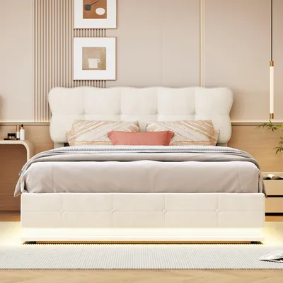 Produktbild von Bett mit Stauraum, hydraulischer Hebevorrichtung und LED-Beleuchtung, 140 x 190 cm, beiger Samtbezug, modernes Kopfteil, ferngesteuerte Mehrfarbenbeleuchtung
