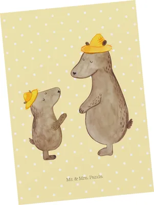 Produktbild von Mr. & Mrs. Panda kunstkarte Bären mit Hut - Gelb Pastell - Geschenk, Familie, Vatertag, Ansichtskarten, Postkarten, Kunstkarten, Grußkarte, Lieblingsmensch, Family, Papa