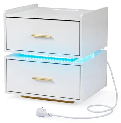 Zdjęcie produktu dla Stolik nocny z oświetleniem LED i stacją ładującą, 2 szuflady
