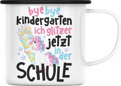Produktbild von Trendation - Bye Bye Kindergarten Einschulung Mädchen Geschenk Emaille Tasse Schulstart 1. Schultag Schuleinführung Schulanfang Geschenkidee 2022 Schulkind Ich Glitzer Jetzt In Der Schule (Schwarz)