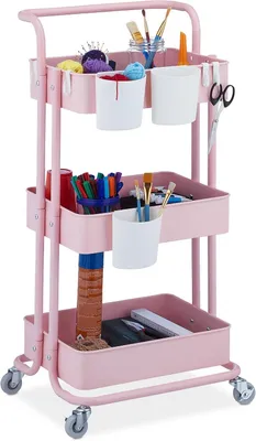 Immagine prodotto di Carrello da cucina - 3 ripiani - 2 maniglie - Piccolo - Carrello multifunzionale per lo stoccaggio - 86 x 38 x 39 cm - Metallo - Rosa