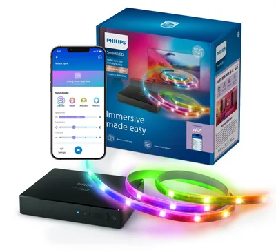 Produktbild von Philips HDMI Sync Box mit TV-Hintergrundbeleuchtung für TVs von 55–65", Connected by WiZ, Set für intelligente Beleuchtung, Wi-Fi/Bluetooth, Schwarz, Wi-Fi 4 (802.11n), 802.11b, 802.11g, LED, Kunststoff