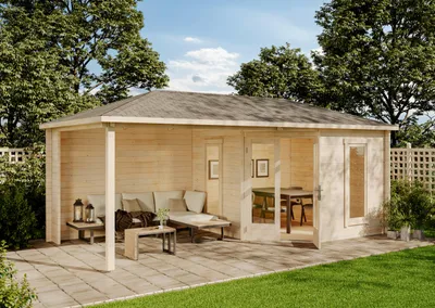 Produktbild von Alpholz Gartenhaus Set 5-Eck Liwa Naturbelassen 614x317cm inkl. Dacheindeckung und Fußboden