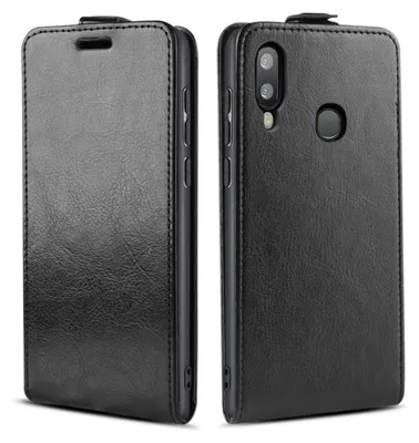 A black flip case for a Samsung Galaxy A20e phone is shown from two angles.
