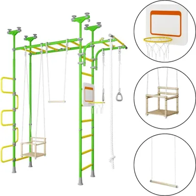 Produktbild von Sprossenwand für Kinder Indoor Klettergerüst aus Metall mit Gymnastikseil und Schiebebügel – Pegas 2, hellgrün