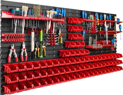 Produktbild von Lagersystem Werkstattregal | 172 x 78 cm | 80 stck. Box | Wandregal mit Werkzeughalterungen und Stapelboxen - Wandplatten Extra Starke Schüttenregal Warkzeuglochwand Lagerregal Garage Regal