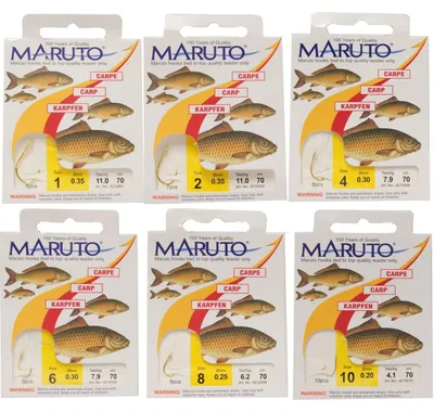 Produktbild von Maruto Karpfenhaken gebunden goldfarben 70cm, Größe/Tragkraft/Durchmesser/Inhalt:Gr.8/6.2kg/0.25mm/9 Haken pro Packung